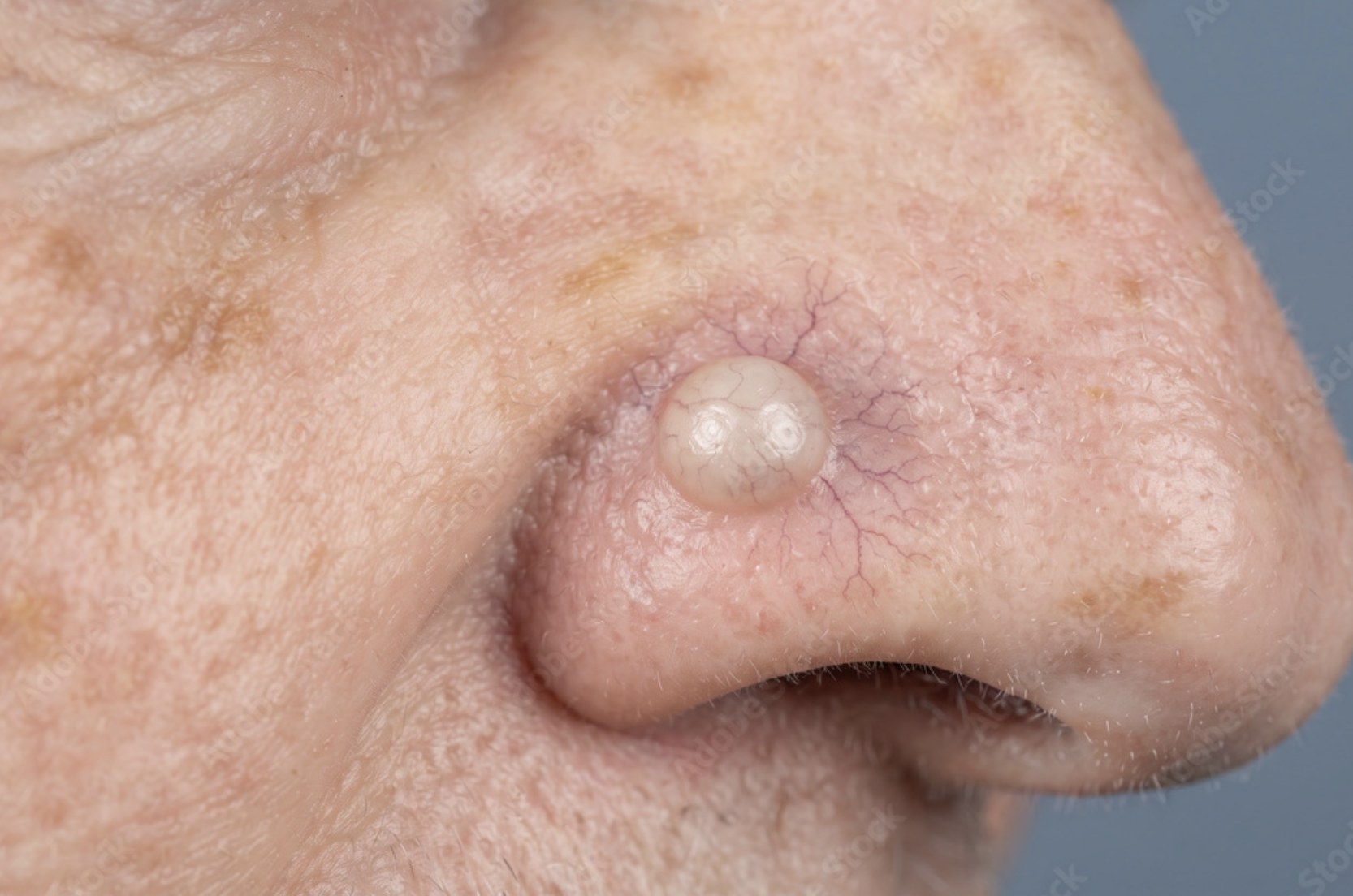 Pearly basal cell carcinoma with fine surface blood vessels on the side of the nose